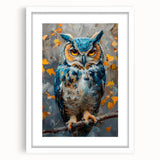 Framed wall art featuring a contemporary bird design in a white mat, showcasing vibrant colors and intricate details, ideal for modern home decor.