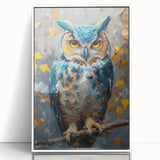 Framed wall art featuring a vibrant "Birds of Prey" design, displayed in a sleek white frame with acrylic glass, perfect for adding elegance to any living space.