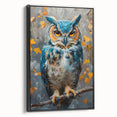 Framed canvas wall art featuring a striking "Birds of Prey" design, showcasing intricate bird illustrations in vibrant colors on a black background, perfect for home decor.