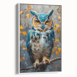 Framed canvas wall art showcasing a vibrant bird design in a white frame, displayed from a side view, perfect for enhancing modern home decor or office spaces.