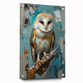 Acrylic glass wall art featuring a vibrant birds of prey design, displayed in a side view with visible mounting pins, showcasing intricate details and colors. Perfect for nature enthusiasts and modern decor lovers.