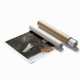 Colorful wall art print featuring a stylized design of various birds, showcasing vibrant colors and intricate patterns, rolled for easy storage and shipping. Perfect for adding a lively touch to home decor.