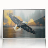 Framed acrylic wall art featuring a stunning design of birds of prey, displayed in a sleek white frame, showcasing vibrant colors on a modern background. Perfect for wildlife enthusiasts and home decor.