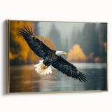 Framed canvas wall art featuring a vibrant birds of prey design in gold tones, showcasing intricate details and textures, perfect for home decor.