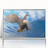 Framed acrylic wall art featuring a vibrant "Birds of Pray" design, showcasing colorful bird illustrations on a white background, ideal for home decor.