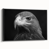 Framed canvas wall art of a bird of prey design showcasing intricate details, set against a black background, perfect for modern decor enthusiasts.
