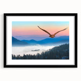 Framed wall art featuring a striking design of birds in flight, with a sleek black frame and mat, perfect for enhancing modern home decor. Ideal for bird lovers.