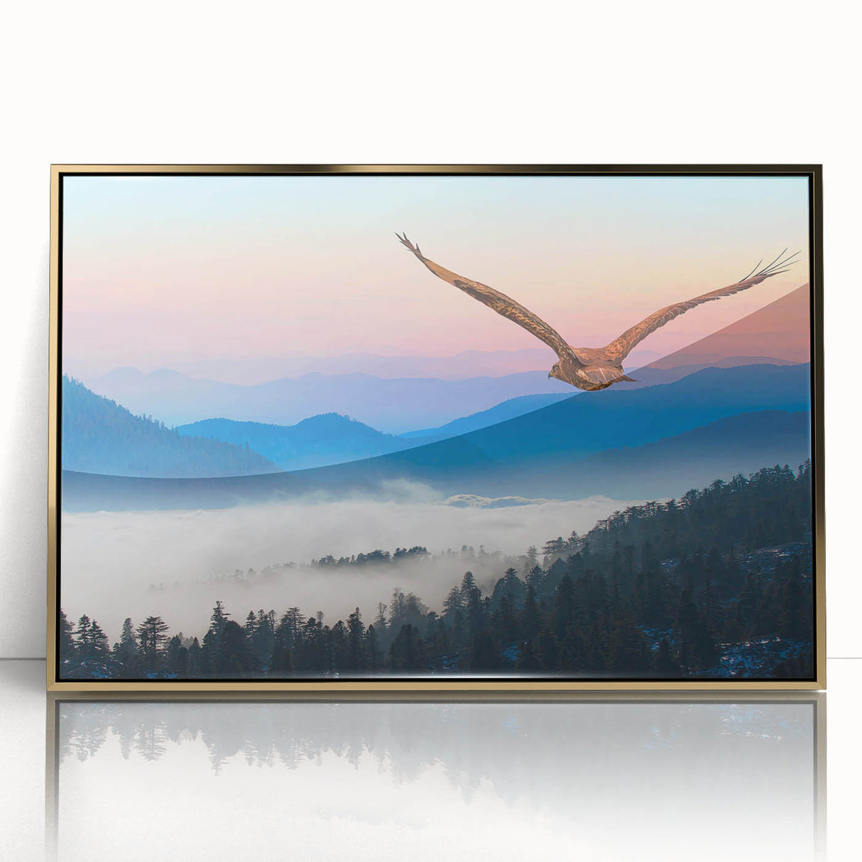 Framed wall art featuring a vibrant and modern design of birds in flight, with a sleek gold acrylic front that enhances the colorful artwork, perfect for home decor.