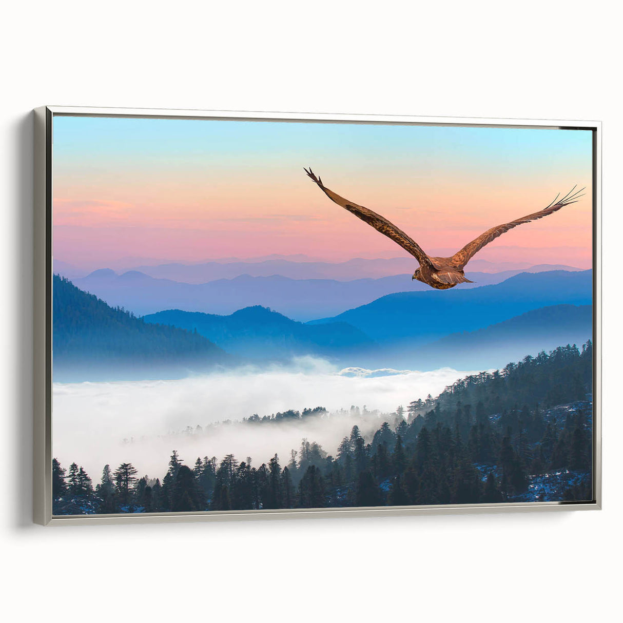 Framed wall art featuring a detailed design of various birds in flight, with a silver frame and a textured canvas surface, perfect for modern home decor.