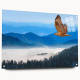 Acrylic glass wall art collection featuring a vibrant bird design, showcasing intricate details and colors, displayed with pins against a neutral background.