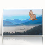 Framed acrylic wall art depicting a vibrant 'Birds of Prey' design, featuring detailed illustrations of various raptors in a striking white frame, perfect for nature enthusiasts.