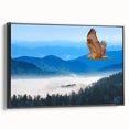 Framed canvas wall art showcasing a vibrant design of birds in flight, featuring a sleek black frame and a side view display that enhances its artistic appeal. Perfect for nature-inspired decor.