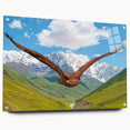 Acrylic glass wall art featuring a vibrant birds of prey design, displayed from a side view with visible mounting pins, ideal for dynamic home decor.