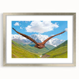 Framed wall art featuring a striking "Birds of Pray" design, showcasing intricate bird illustrations in vibrant colors, accented with a silver frame and matting.