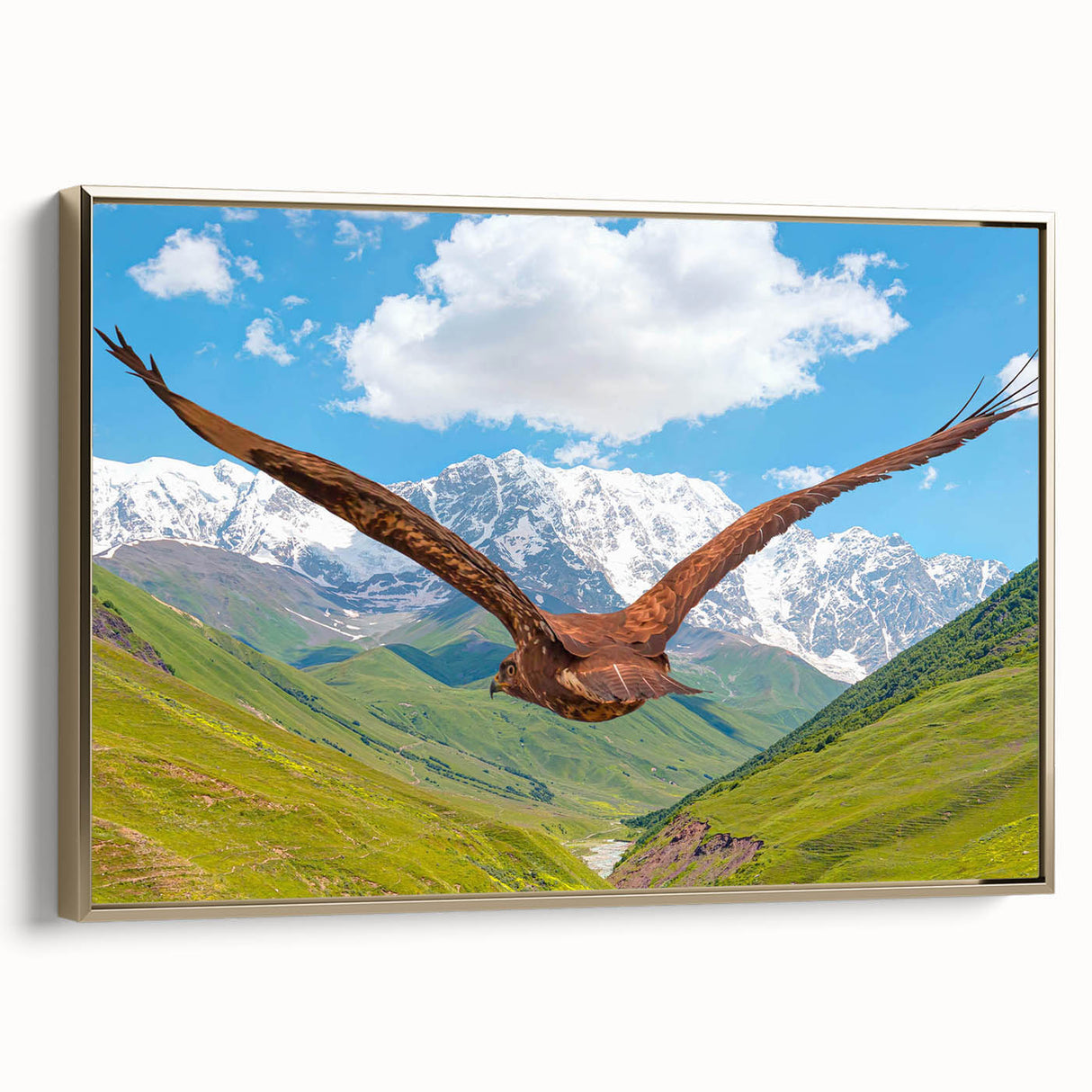 Framed canvas wall art from the Birds of Pray collection, showcasing vibrant bird illustrations in gold tones, perfect for modern home decor and art enthusiasts.
