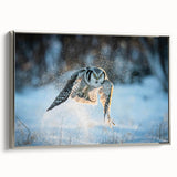 Framed canvas wall art showcasing a vibrant birds of prey design in silver tones, elegantly displayed from a side view, ideal for modern home decor.