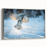 Framed canvas wall art showcasing a striking design of birds of prey, featuring vibrant colors and intricate details, displayed from a silver side view.