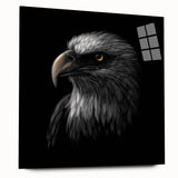 Side view of a sleek acrylic glass wall art piece showcasing a vibrant "Birds of Prey" design, elegantly displayed without pins, perfect for modern decor.