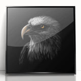 Framed acrylic wall art showcasing a vibrant bird design from the "Birds of Pray" collection, featuring a sleek black frame and modern aesthetic, ideal for home decor.