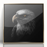 Framed acrylic wall art featuring a vibrant birds of prey design with a gold border, showcasing intricate details against a sleek backdrop, perfect for modern decor.