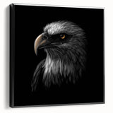 Framed canvas wall art featuring a stunning design of birds of prey, set against a black background, showcasing intricate details and vibrant colors. Perfect for wildlife enthusiasts and home decor.