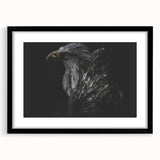 Framed black wall art featuring a striking design of birds, showcasing intricate details and vibrant colors, ideal for modern home décor and interior styling.