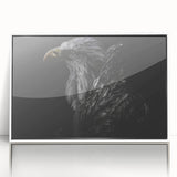 Framed wall art featuring a vibrant birds of prey design, showcasing detailed illustrations of various birds in rich colors, set against a sleek white background. Ideal for nature enthusiasts and home decor.