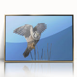 Framed acrylic wall art featuring a striking "Birds of Prey" design in gold tones, showcasing detailed illustrations of various birds against a sleek background.