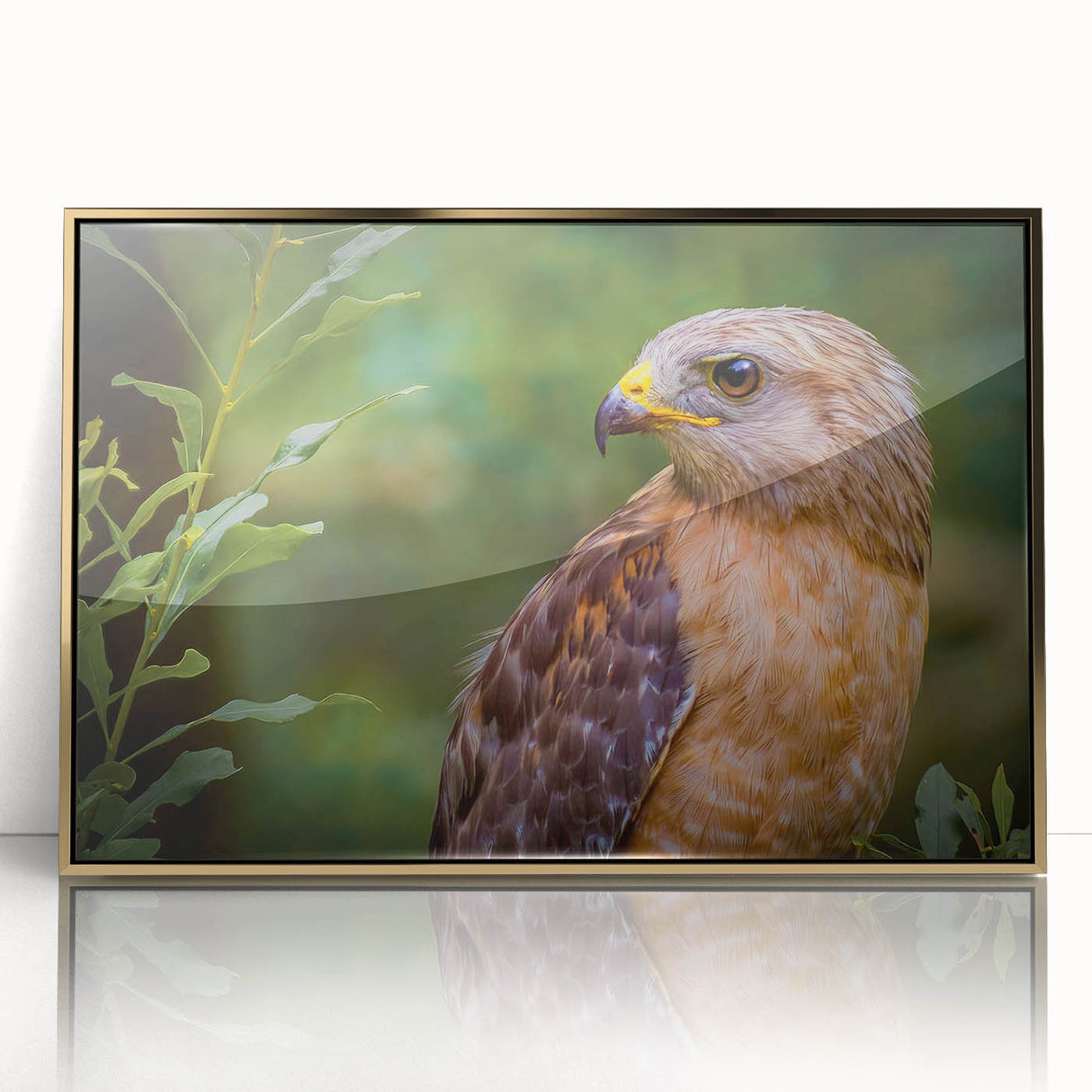 Framed wall art featuring a stunning design of birds in flight, with a sleek gold acrylic finish that adds elegance to any space, ideal for nature lovers.