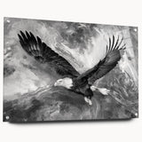 Acrylic glass wall art showcasing a vibrant birds-of-prey design, displayed in a side view with decorative pins, perfect for enhancing modern home decor.