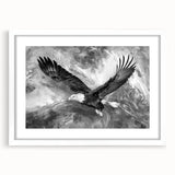 Framed wall art depicting a vibrant "Birds of Prey" design in a white matting, showcasing intricate details of raptors in flight, perfect for nature enthusiasts' decor.