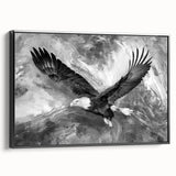 Framed canvas wall art showcasing a dynamic bird design in vibrant colors, featuring a sleek black frame and a side view that highlights its depth and texture, perfect for enhancing home decor.