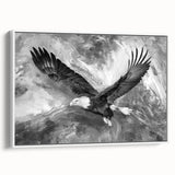 Framed canvas wall art displaying a vibrant bird design in a contemporary style, featuring a white frame and side view showcasing its elegant finish, ideal for modern decor.