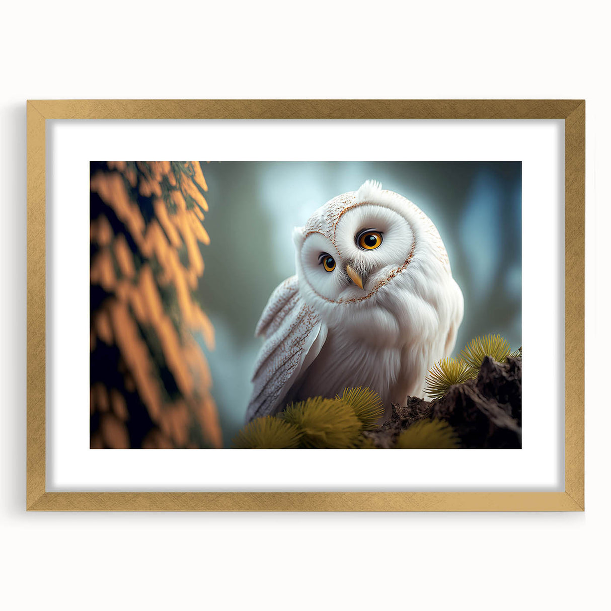 Framed wall art featuring a detailed illustration of birds in flight, showcasing vibrant colors and intricate designs, set in a stylish gold frame with a mat.