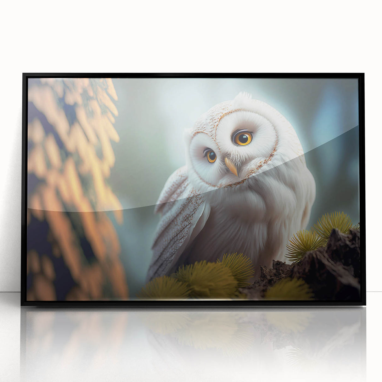 Framed wall art featuring a stunning birds of prey design, showcasing vibrant colors and intricate details on a black acrylic background, perfect for home decor.
