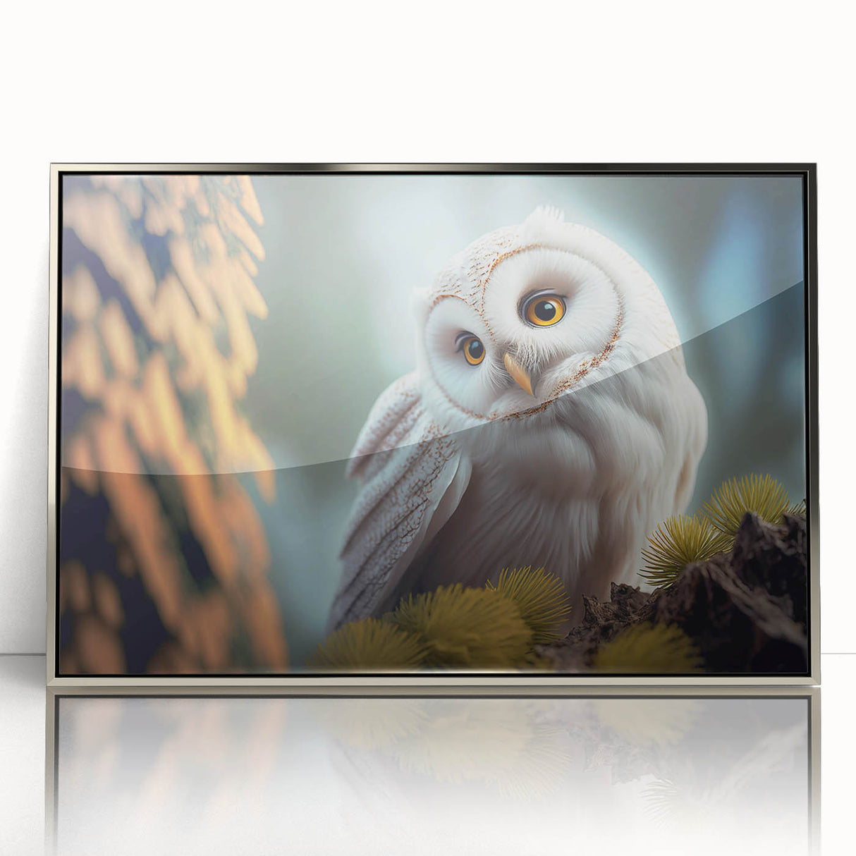 Framed acrylic wall art showcasing a striking birds of prey design, featuring intricate details and a sleek silver frame, perfect for modern home decor.