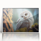 Framed acrylic wall art showcasing an intricate design of various birds, featuring vibrant colors and a sleek white frame, perfect for modern decor.