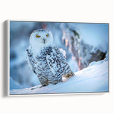 Framed canvas wall art featuring a vibrant birds of prey design, showcasing intricate details and bold colors, displayed in a white frame with a side view perspective. Perfect for wildlife enthusiasts and home decor.