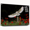 Acrylic glass wall art featuring a vibrant "Birds of Prey" design, displayed side view with hanging pins against a minimalist backdrop, enhancing modern decor.