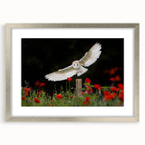 Framed wall art featuring a striking design of birds in flight, showcased in a sleek silver frame with a mat, ideal for enhancing modern home decor.