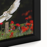 Close-up view of a framed canvas wall art featuring an intricate design of birds in flight, showcasing vibrant colors and detailed brushwork, perfect for home decor.