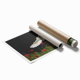 Vibrant wall art print featuring a stylized bird design in bold colors, showcasing intricate details and textures, ideal for adding a unique touch to any room decor.