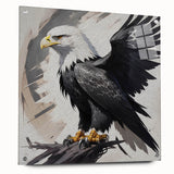 Acrylic glass wall art featuring a vibrant birds of prey design, displayed in a side view with pins, showcasing intricate details and colors, perfect for enhancing modern decor.