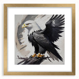 Elegant gold-framed wall art featuring a striking birds of prey design, showcasing intricate details and vibrant colors, ideal for home decor or art collection.