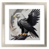Framed wall art piece displaying a vibrant bird design from the Birds of Prey collection, featuring a silver frame and matting, ideal for home decor.
