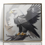 Framed acrylic wall art showcasing a vibrant birds of prey design in gold, featuring intricate details and a modern aesthetic, ideal for home decor.
