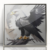 Framed wall art featuring a modern design of birds of prey, showcased in an elegant silver frame with a sleek acrylic front, perfect for home decor.