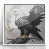 Framed acrylic wall art featuring a vibrant birds of prey design in a sleek white frame, perfect for adding a striking focal point to modern decor.