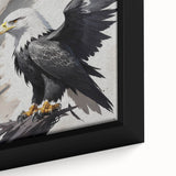 Close-up of a framed canvas wall art featuring a vibrant birds of prey design, showcasing intricate details and bold colors, perfect for nature enthusiasts' decor.