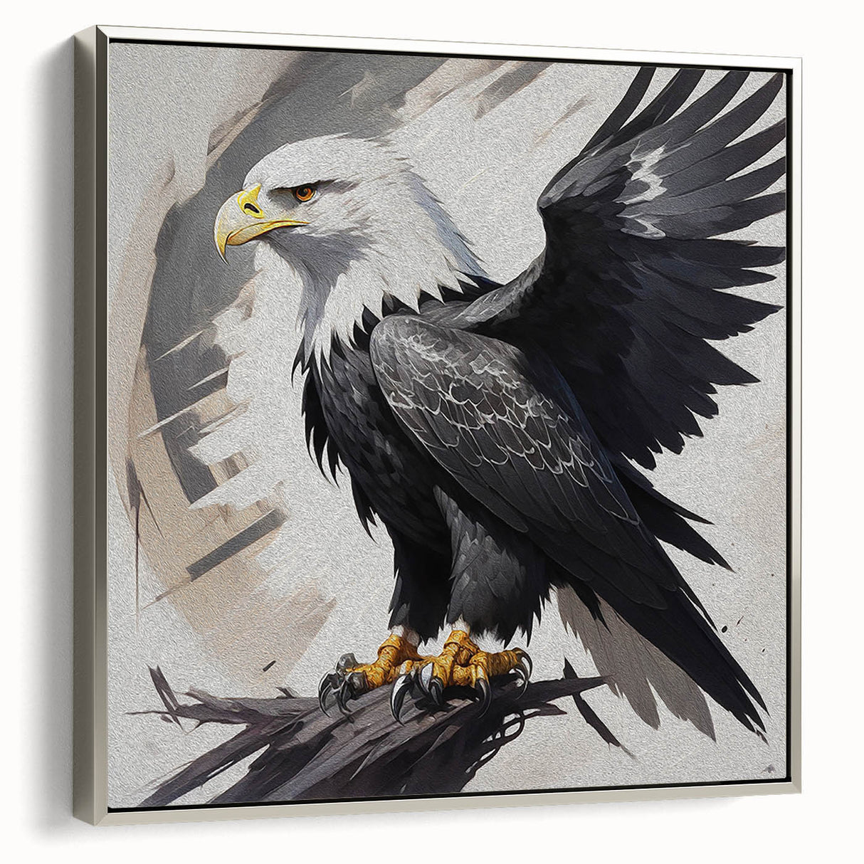 Framed wall art showcasing a stunning birds of prey design in vibrant colors, elegantly displayed from the side with a sleek silver frame, perfect for nature enthusiasts.